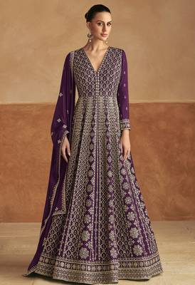 Purple embroidery & sequins work chinon gown - free size stitching (size upto 42") 1