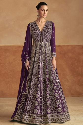 Purple embroidery & sequins work chinon gown  - free size stitching (size upto 42")
