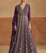 Purple embroidery & sequins work chinon gown - free size stitching (size upto 42")
