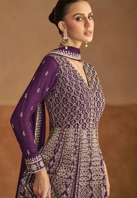 Purple embroidery & sequins work chinon gown - free size stitching (size upto 42") 2