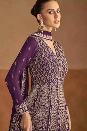 Purple embroidery & sequins work chinon gown - free size stitching (size upto 42")