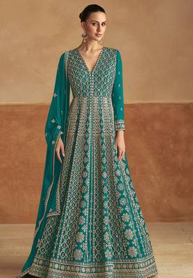 Blue embroidery & sequins work chinon gown - free size stitching (size upto 42") 1