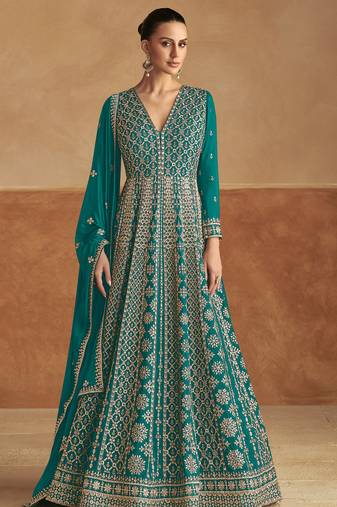 Blue embroidery & sequins work chinon gown  - free size stitching (size upto 42")