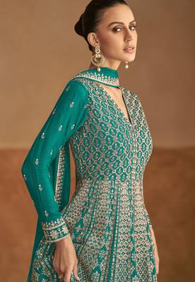 Blue embroidery & sequins work chinon gown - free size stitching (size upto 42") 2