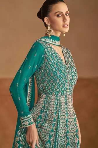 Blue embroidery & sequins work chinon gown - free size stitching (size upto 42")