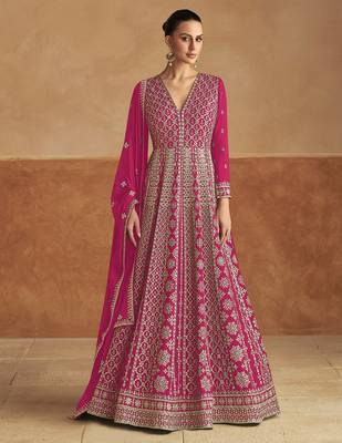 Pink embroidery & sequins work chinon gown - free size stitching (size upto 42") 1