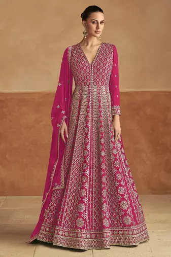 Pink embroidery & sequins work chinon gown  - free size stitching (size upto 42")