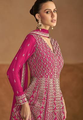 Pink embroidery & sequins work chinon gown - free size stitching (size upto 42") 2