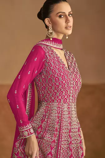 Pink embroidery & sequins work chinon gown - free size stitching (size upto 42")