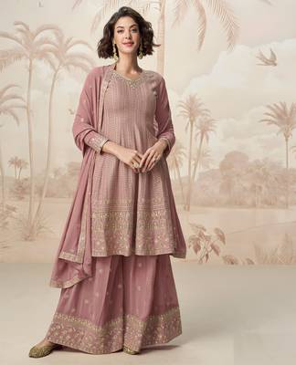 Mauve zari embroidery  sequins & gota work chinon georgette anarkali palazzo - free size stitching (size upto 42") 1