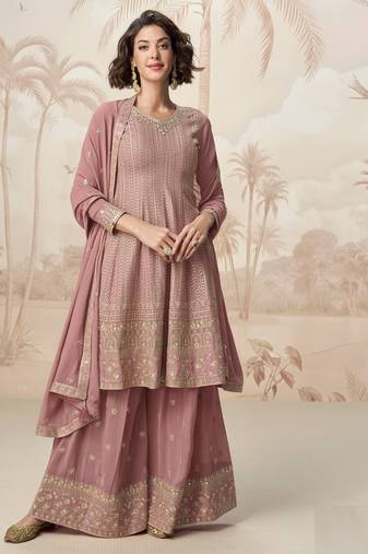 Mauve zari embroidery  sequins & gota work chinon georgette anarkali palazzo - free size stitching (size upto 42")
