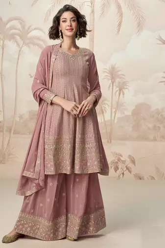 Mauve zari embroidery  sequins & gota work chinon georgette anarkali palazzo - free size stitching (size upto 42")