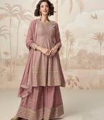 Mauve zari embroidery  sequins & gota work chinon georgette anarkali palazzo - free size stitching (size upto 42")