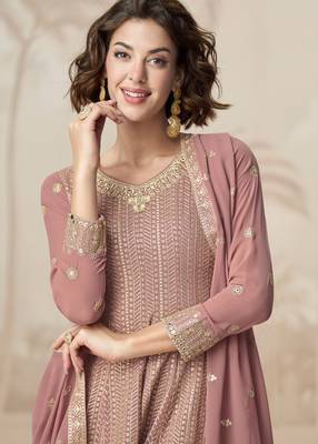 Mauve zari embroidery  sequins & gota work chinon georgette anarkali palazzo - free size stitching (size upto 42") 2