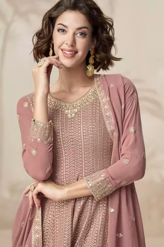 Mauve zari embroidery  sequins & gota work chinon georgette anarkali palazzo - free size stitching (size upto 42")