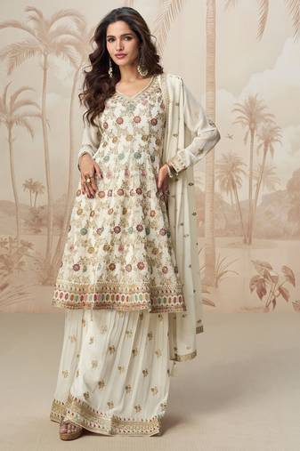 Off white zari embroidery sequins gota work chinon georgette anarkali palazzo - free size stitching (size upto 42")