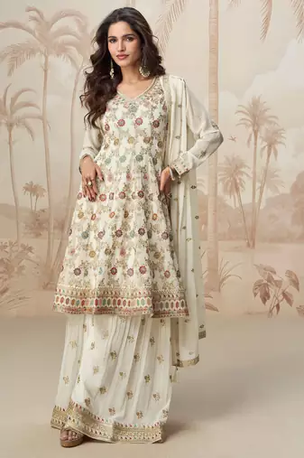 Off white zari embroidery sequins gota work chinon georgette anarkali palazzo - free size stitching (size upto 42")