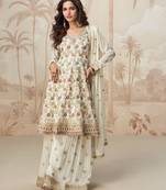 Off white zari embroidery sequins gota work chinon georgette anarkali palazzo - free size stitching (size upto 42")