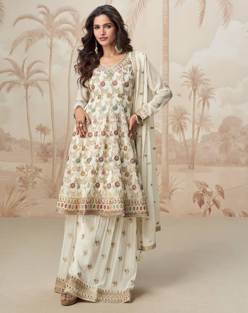 Off white zari embroidery sequins gota work chinon georgette anarkali palazzo - free size stitching (size upto 42")