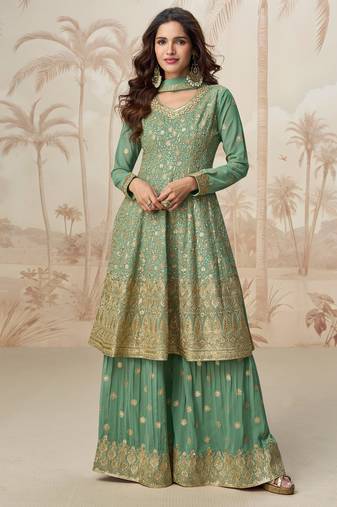 Sea green zari embroidery  sequins & gota work chinon georgette anarkali palazzo - free size stitching (size upto 42")