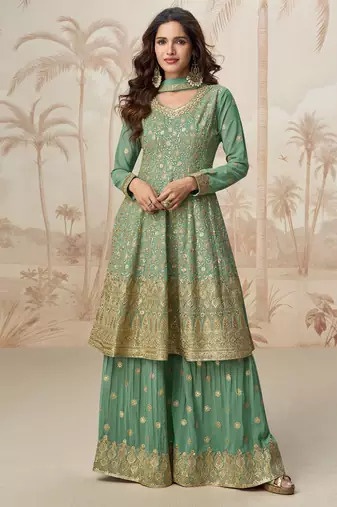 Sea green zari embroidery , sequins &  gota work chinon georgette anarkali palazzo - free size stitching (size upto 42")