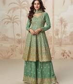Sea green zari embroidery  sequins & gota work chinon georgette anarkali palazzo - free size stitching (size upto 42")