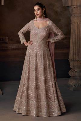 Mauve zari embroidery sequins & gota work chinon silk gown - free size stitching (size upto 42") 1