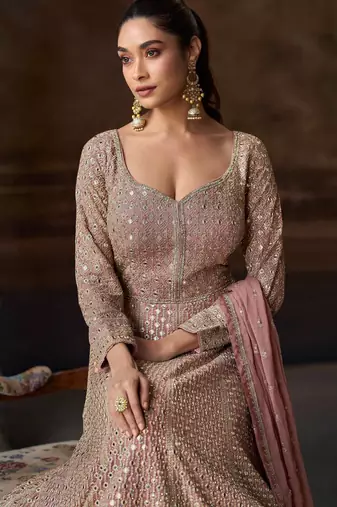 Mauve zari embroidery sequins & gota work chinon silk gown - free size stitching (size upto 42")