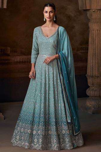 Blue zari embroidery , sequins &  gota work  chinon silk gown - free size stitching (size upto 42")