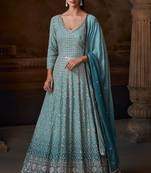 Blue zari embroidery  sequins & gota work chinon silk gown - free size stitching (size upto 42")