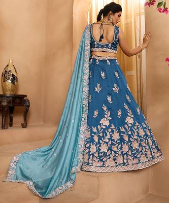 Teal- Silk Fabric Sequins embroidery Semi-Stitched Lehenga & Unstitched Blouse With Dupatta 4