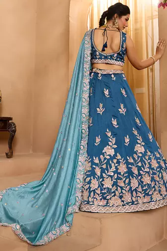 Teal- Silk Fabric Sequins embroidery Semi-Stitched Lehenga & Unstitched Blouse With Dupatta