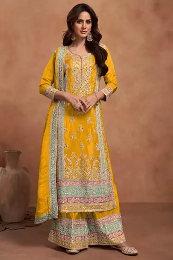 Mustard embroidery & sequins  work simar silk palazzo straight - free size stitching (size upto 42")