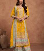 Mustard embroidery & sequins  work simar silk palazzo straight - free size stitching (size upto 42")