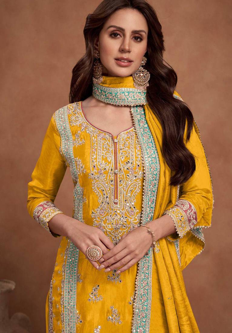 Mustard embroidery & sequins  work simar silk palazzo straight - free size stitching (size upto 42")