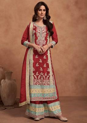 Maroon embroidery & sequins  work simar silk palazzo straight - free size stitching (size upto 42") 1