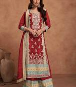 Maroon embroidery & sequins  work simar silk palazzo straight - free size stitching (size upto 42")