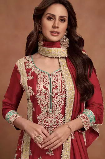 Maroon embroidery & sequins  work simar silk palazzo straight - free size stitching (size upto 42")