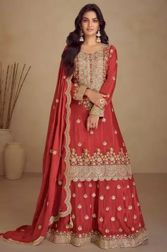 Rust  embroidery , sequins & hand work chinnon palazzo straight - free size stitching (size upto 42")