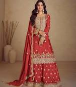 Rust  embroidery , sequins & hand work chinnon palazzo straight - free size stitching (size upto 42")