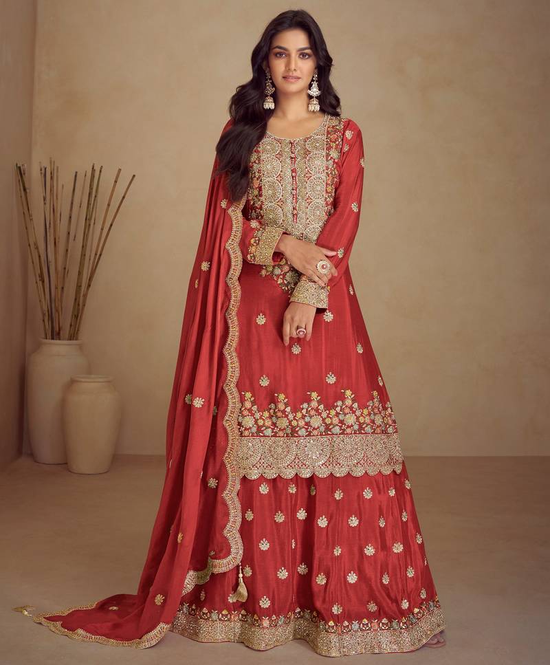 Rust  embroidery , sequins & hand work chinnon palazzo straight - free size stitching (size upto 42")