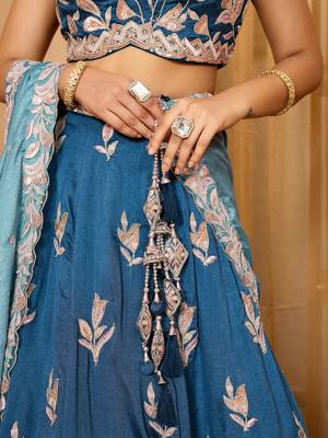 Teal- Silk Fabric Sequins embroidery Semi-Stitched Lehenga & Unstitched Blouse With Dupatta 5