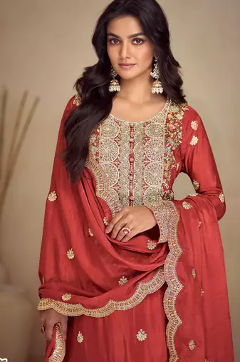 Rust  embroidery , sequins & hand work chinnon palazzo straight - free size stitching (size upto 42")
