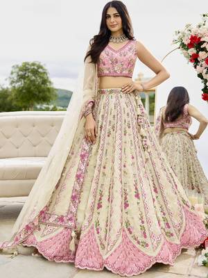 Cream- Tissue Fabric Sequins embroidery Semi-Stitched Lehenga & Unstitched Blouse With Dupatta 6