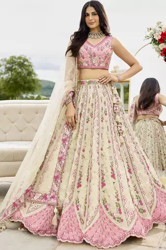 Cream- Tissue Fabric Sequins embroidery Semi-Stitched Lehenga & Unstitched Blouse With Dupatta
