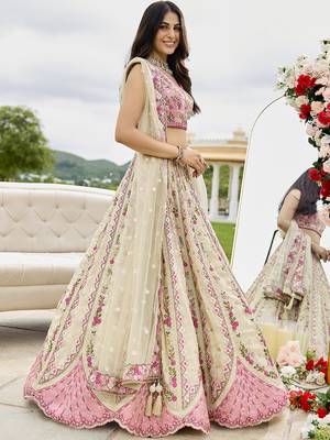 Cream- Tissue Fabric Sequins embroidery Semi-Stitched Lehenga & Unstitched Blouse With Dupatta 7