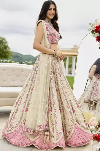 Cream- Tissue Fabric Sequins embroidery Semi-Stitched Lehenga & Unstitched Blouse With Dupatta