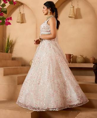 Cream- Net Fabric Sequins embroidery Semi-Stitched Lehenga & Unstitched Blouse With Dupatta 4