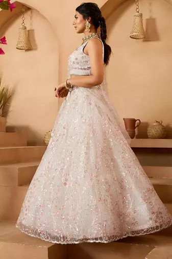 Cream- Net Fabric Sequins embroidery Semi-Stitched Lehenga & Unstitched Blouse With Dupatta