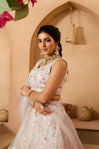 Cream- Net Fabric Sequins embroidery Semi-Stitched Lehenga & Unstitched Blouse With Dupatta